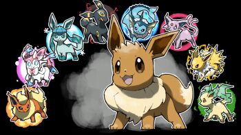 black_background black_eyes blacknirrow blue_eyes bright_pupils brown_eyes colored_sclera commentary eevee english_commentary espeon evolution flareon gen_1_pokemon gen_2_pokemon gen_4_pokemon gen_6_pokemon glaceon highres jolteon leafeon nintendo no_humans open_mouth pokemon pokemon_(creature) purple_eyes red_sclera smile standing sylveon umbreon vaporeon white_pupils