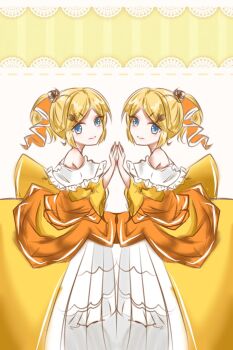 Rule 34 | 2girls, aku no musume (vocaloid), blonde hair, blue eyes, bow, commentary request, dress, dress ribbon, dual persona, evillious nendaiki, eyelashes, hair bow, hair ornament, hairclip, high ponytail, highres, kagamine rin, looking at viewer, mo8333884083337, multiple girls, off-shoulder dress, off shoulder, orange bow, orange ribbon, petticoat, ponytail, ribbon, riliane lucifen d'autriche, sidelocks, smile, swept bangs, updo, vocaloid, wide sleeves, yellow dress