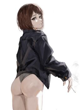 1girl ass black_jacket brown_eyes brown_hair cigarette from_behind highres holding holding_cigarette jacket jujutsu_kaisen kugisaki_nobara looking_at_viewer mole mole_under_eye panties raberu_ruru short_hair simple_background smoke solo underwear white_background