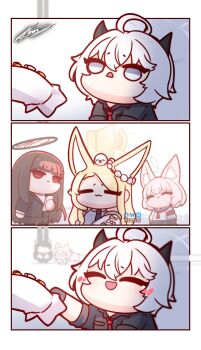 6+girls :d :o ahoge akira_(blue_archive) animal animal_ears animal_on_head bird bird_on_head black_hair black_shirt blue_archive chibi comically_large_ears commentary crying erika_(blue_archive) fox_ears grey_eyes halo highres horns kuroij multiple_girls necktie niko_(blue_archive) npc_jail on_head open_mouth pink_hair playable_character_celebration red_eyes red_necktie rio_(blue_archive) seia_(blue_archive) shirt smile untranslatable_commentary yukino_(blue_archive)