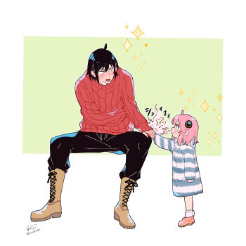 Rule 34 | 1boy, 1girl, absurdres, ahoge, anya (spy x family), awarinko, black hair, black pants, boots, brown boots, closed mouth, dress, fur-trimmed boots, fur trim, green background, green eyes, hair between eyes, highres, hood, hood down, hooded dress, lace-up boots, long sleeves, open mouth, pants, pink hair, profile, puffy long sleeves, puffy sleeves, red eyes, signature, sleeves past wrists, smile, socks, sparkle, spy x family, striped clothes, striped dress, twitter username, two-tone background, v-shaped eyebrows, white background, white socks, yuri briar