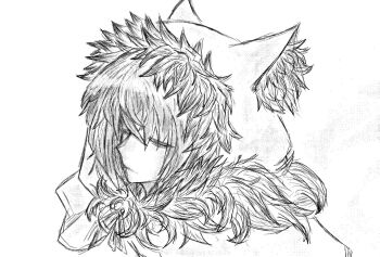 Rule 34 | animal ear fluff, animal ears, black souls, black souls 2, capelet, closed eyes, closed mouth, fake animal ears, fur-trimmed capelet, fur-trimmed hood, fur trim, greyscale, hair over eyes, hood, hood up, monochrome, red hood (black souls), ribbon, sadleyn, short hair, white background