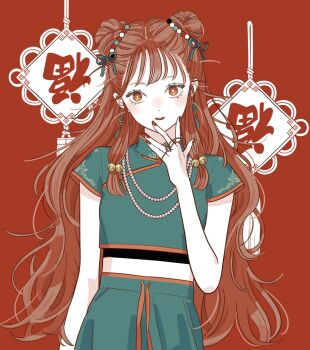 Rule 34 | 1girl, bell, chinese clothes, commentary, double bun, hair bell, hair bun, hair ornament, hair ribbon, highres, hiroko hiyokogm, long hair, looking at viewer, midriff, nail polish, ranma 1/2, red background, red eyes, red nails, ribbon, shampoo (ranma 1/2), sidelocks, untranslatable commentary