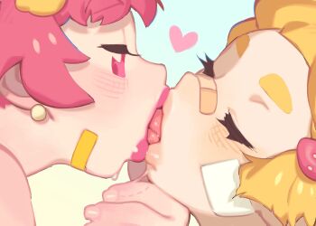 2girls bandages bandaid bandaid_on_face bandaid_on_nose bite_mark blonde_hair blush closed_eyes earrings eyelashes fingernails food french_kiss fruit gloss_(hotglossed) grabbing_another&#039;s_chin gradient_background hair_ornament half-closed_eyes hand_on_another&#039;s_chin heart highres jewelry kiss lemon lips looking_at_another multiple_girls original red_eyes red_hair saliva strawberry thick_eyebrows tongue yuri