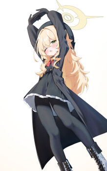 1girl blonde_hair blue_archive formal_clothes highres long_hair looking_at_viewer niyaniya_(blue_archive) open_mouth school_uniform suit upper_body white_background