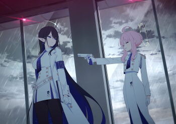 2girls ahoge aiguillette armband artist_request at_gunpoint belt belt_buckle black_hair black_pantyhose blue_archive blue_armband blue_eyes blue_necktie braid browning_hi-power buckle bun_with_braided_base buttons closed_eyes cloud cloudy_sky coat collared_shirt computer dark_room double-breasted earrings epaulettes game_cg glasses gloves gold_buckle gold_buttons gun hair_bun halo handgun highres holding holding_gun holding_laptop holding_weapon holster holstered indoors jewelry kaya_(blue_archive) laptop long_skirt multicolored_coat multiple_girls necktie non-web_source official_art open_mouth pantyhose pink_hair pointy_ears purple_coat rain red_light rimless_eyewear rin_(blue_archive) shirt sidelocks single_hair_bun skirt sky smile spoilers translation_request two-tone_coat weapon white_belt white_coat white_gloves white_shirt white_skirt window yellow_halo