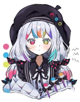 1girl black_ribbon blunt_bangs bow closed_mouth collared_shirt commentary_request cropped_torso grey_hair heterochromia highres jogasaki_noah long_hair looking_at_viewer mahou_shoujo_no_majo_saiban mikomi_(90m5x) multi-tied_hair multicolored_hair neck_ribbon paintbrush polka_dot polka_dot_bow ribbon shirt simple_background solo streaked_hair upper_body white_background yellow_eyes