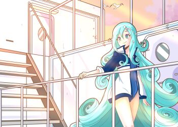 1girl aqua_eyes aqua_hair awase_marina bird blue_jacket closed_mouth commentary_request competition_swimsuit curly_ends drilljapan evening hair_between_eyes hand_on_railing highres jacket jikkyou_powerful_pro_yakyuu long_hair multicolored_jacket one-piece_swimsuit open_clothes open_jacket pearl_hair_ornament power_pro_appli seagull ship solo swimsuit track_jacket two-tone_jacket very_long_hair watercraft white_jacket