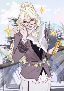 absurdres banknote blonde_hair bracelet cloud cloudy_sky curly_hair earrings glasses highres holding holding_money jewelry linceyang money orange_eyes parfait_(path_to_nowhere) path_to_nowhere ponytail ring sky sparkle tree