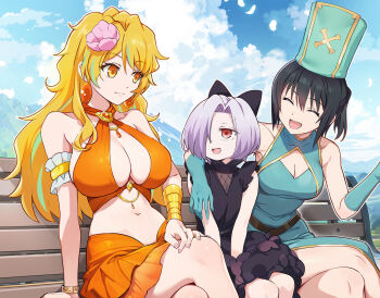 3girls :3 :d anemone_(kizetsu_yuusha) bench black_bow black_dress black_hair blonde_hair blue_sky bow breasts ciel_(kizetsu_yuusha) cleavage closed_eyes cloud commentary_request dress elbow_gloves gloves goa_(kizetsu_yuusha) hair_bow hair_over_one_eye kizetsu_yuusha_to_ansatsu_hime large_breasts long_hair looking_at_another multicolored_hair multiple_girls navel nyoro_(nyoronyoro000) on_bench open_mouth orange_skirt purple_hair red_eyes skirt sky smile stomach streaked_hair yellow_eyes