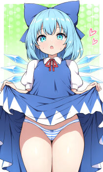 1girl blue_dress blue_eyes blue_hair blue_wings cameltoe cirno clothes_lift commentary_request dress dress_lift gradient_background green_background heart highres ice ice_wings lifting_own_clothes open_mouth panties polka_dot polka_dot_background rizento short_hair solo striped_clothes striped_panties touhou underwear wings