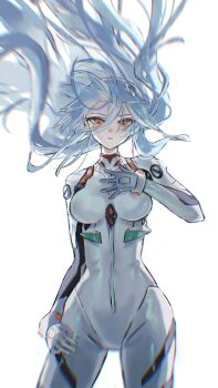 1girl absurdres ayanami_rei blue_hair bodysuit breasts commentary_request floating_hair gloves hair_between_eyes hair_floating_upwards hand_on_own_chest hand_on_own_hip highres interface_headset_(evangelion) long_hair looking_at_viewer mecha_pilot_suit medium_breasts neon_genesis_evangelion orange_eyes plugsuit_(evangelion) sakiyo simple_background solo white_bodysuit white_gloves