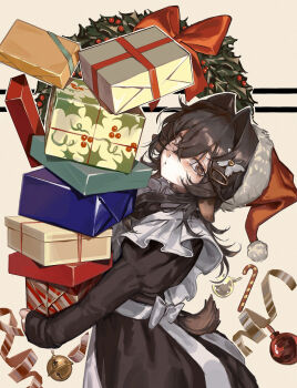 1girl animal_ears apron bell black_dress black_hair candy candy_cane chinese_commentary christmas christmas_present christmas_wreath commentary_request dress food from_side gift hair_ears hat highres holding holding_gift horizontal_pupils kirihara_aki long_hair long_sleeves looking_at_viewer looking_to_the_side maid maid_apron original parted_lips santa_hat simple_background solo tail white_apron wreath yellow_background