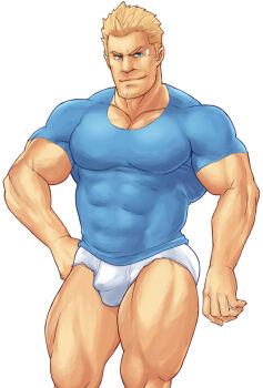 1boy arm_behind_head arm_up bandaid bandaid_on_head bara beard_stubble blonde_hair blush briefs bulge cid_highwind closed_mouth collarbone commentary_request covered_abs covered_pectorals covered_testicles cum cum_on_body facial_hair final_fantasy final_fantasy_vii hand_on_own_head hand_on_own_hip looking_at_viewer magnum_feering male_focus male_underwear muscular muscular_male pectorals shirt smile stubble tight_clothes tight_shirt underwear white_background white_male_underwear