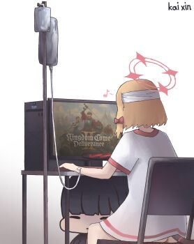 2girls absurdres artist_name ass bandaged_head bandages black_hair blonde_hair blue_archive bow cat_tail chair chibi computer eighth_note fake_tail hair_bow halo hans_capon henry_of_skalitz highres intravenous_drip iv_stand kai_xin kingdom_come:_deliverance momoi_(blue_archive) monitor multiple_girls musical_note on_chair pink_bow pink_halo playing_games red_halo rio_(blue_archive) shirt short_hair simple_background sitting t-shirt tail under_table white_background white_shirt