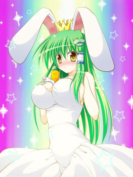 Rule 34 | 1girl, :o, = =, ac japan, animal ears, arigato usagi, arigato usagi (cosplay), between breasts, blush, breast suppress, breasts, rabbit ears, carrot, cleavage, cosplay, crown, dress, female focus, frog, full-face blush, green hair, hair ornament, hair tubes, heaven condition, huge breasts, kochiya sanae, large breasts, long hair, osashin (osada), sideboob, snake, solo, standing, star (symbol), touhou, yellow eyes