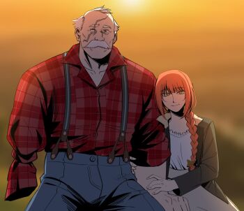 1boy 1girl amputee arm_hug balding braid braided_ponytail chainsaw_man conquest_(invincible) facial_hair harashu_(harashu96) highres invincible_(series) makima_(chainsaw_man) mustache old old_man partially_blind plaid_clothes plaid_shirt red_hair ringed_eyes scar scar_across_eye scar_on_face scar_on_head shirt single_blank_eye smile suspenders thick_mustache yellow_eyes