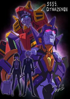 1boy 1girl aged_up anti_(ssss.gridman) black_hair black_neckwear blue_eyes copyright_name dated dynazenon_(character) formal_clothes glasses glowing gridknight_(ssss.gridman) gridman_universe highres mecha necktie nidaime_(dynazenon) ontama robot science_fiction spoilers ssss.dynazenon ssss.gridman suit suitcase super_robot visor white_hair