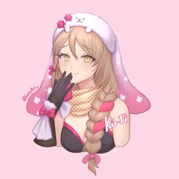 1girl :3 animal_ears black_gloves black_leotard braid breasts cleavage closed_mouth commentary commission covering_own_mouth fire_emblem fire_emblem_engage fire_emblem_heroes framme_(fire_emblem) framme_(spring)_(fire_emblem) gloves grey_eyes grey_hair ko-fi_commission laughing leotard lesu long_hair looking_at_viewer medium_breasts nintendo official_alternate_costume pink_background rabbit_ears simple_background smile solo twitter_username
