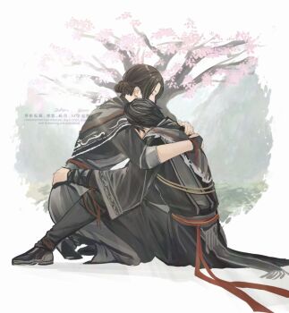 1boy 1girl 5ako0u arm_around_waist artist_name belt black_hair black_pants black_robe black_shoes border brown_hair chinese_clothes closed_eyes flower hair_bun hug kneeling medium_hair pants parted_bangs pink_flower red_belt robe shin_sangoku_musou shin_sangoku_musou_origins shoes short_hair sitting twitter_username updo white_border zhuhe_(shin_sangoku_musou) ziluan_(shin_sangoku_musou)