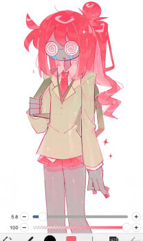 1018sus 1girl @_@ ahoge alternate_hair_color alternate_hair_length_(longer) arm_at_side art_program_in_frame bacon_(female)_(roblox) bacon_(roblox) bag bare_legs bespectacled breasts chestnut_mouth coke-bottle_glasses collared_shirt colored_skin commentary cowlick crying double-parted_bangs english_commentary facing_ahead feet_out_of_frame fewer_digits from_side glasses green_bag grey_skin hair_between_eyes hair_bun halftone hand_up highres holding_strap ibispaint jacket lapels layered_sleeves long_sleeves looking_at_viewer low_ponytail miniskirt nail_polish necktie no_eyebrows no_nose parted_lips pleated_skirt ponytail red_hair red_nails red_necktie red_skirt roblox round_eyewear school_uniform shirt sidelocks simple_background single_hair_bun skirt small_breasts solo sparkle standing streaming_tears tears v-neck white_background white_shirt yellow_jacket