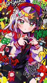 Rule 34 | 1girl, absurdres, black hair, bow, closed mouth, commentary, emoji, four-finger heart hands, graffiti, green eyes, hair bow, heart, heart hands, highres, long sleeves, looking at viewer, multicolored hair, original, own hands together, split-color hair, ssm a u, stuffed toy, symbol-only commentary, twintails, white hair