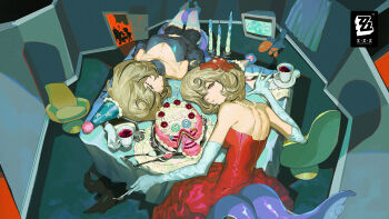 2girls absurdres accessories alternate_costume back blonde_hair blue_dress breasts cake candelabra candle candlestand chair cleavage closed_eyes closed_mouth copyright_logo copyright_name cup door dress dual_persona food fork half-closed_eyes hat highres jewelry large_breasts logo looking_at_viewer lying monster_girl multiple_girls necklace official_art on_back on_table parted_lips party_hat pearl_necklace plate purple_eyes red_dress screen scylla shadow short_hair spoon strapless strapless_dress suction_cups table tentacle_girl tentacle_tail tentacles white_sleeves yidhari_murphy zenless_zone_zero