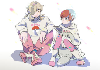 1boy 1girl alternate_color arven_(pokemon) bag blue_hair brown_hair commentary_request full_body glasses hair_over_one_eye hood hoodie looking_at_another mojo_sn multicolored_hair nintendo pants penny_(pokemon) pink_pants pokemon pokemon_masters_ex pokemon_scarlet_and_violet red_hair round_eyewear sitting two-tone_hair unworn_bag white_hoodie white_theme