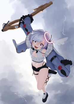 Rule 34 | 1girl, :d, amemiya nazuna, amemiya nazuna (1st costume), angel wings, black shoes, black shorts, cloud, cloudy sky, commentary, constricted pupils, crazy eyes, crop top, english commentary, false smile, flat chest, frilled sleeves, frills, full body, grey hair, halo, highres, imminent hit, jacket, lightning, long sleeves, looking at viewer, midriff, navel, open mouth, red eyes, shoes, short hair, short shorts, shorts, single wing, sky, sleeves past wrists, smile, socks, solo, thigh strap, virtual youtuber, vshojo, white socks, wings, yoako