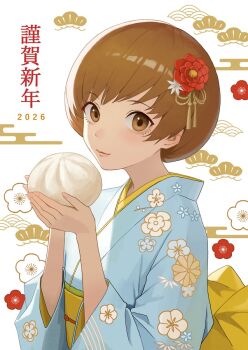 1girl blue_kimono brown_eyes brown_hair floral_print flower food hair_flower hair_ornament happy_new_year highres holding_bun japanese_clothes kimono looking_at_viewer new_year obi persona persona_4 print_kimono remo_reko23 sash satonaka_chie short_hair solo steamed_bun swept_bangs