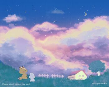 animal artist_name ayu_(mog) cloud cloudy_sky commentary commentary_request crescent_moon english_commentary fence fox house mixed-language_commentary moon night no_humans original outdoors rabbit romaji_commentary scenery sky star_(sky) starry_sky tree twitter_username watermark