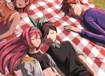 1girl 3boys antenna_hair arms_at_sides aubrey_(faraway)_(omori) aubrey_(omori) bare_arms bare_shoulders black_hair black_sweater_vest black_tank_top blue_shirt bow_hairband breasts brothers brown_hair closed_eyes closed_mouth collarbone collared_shirt commentary_request dark-skinned_male dark_skin day double-parted_bangs drooling fingernails grass green_hairband hair_behind_ear hair_between_eyes hair_spread_out hairband hands_up hero_(faraway)_(omori) hero_(omori) highres jacket jacket_partially_removed kel_(faraway)_(omori) kel_(omori) long_hair lying midriff multiple_boys navel omori on_back on_stomach open_clothes open_jacket open_mouth orange_tank_top outdoors picnic_blanket pink_hair sailor_collar shadow shirt short_hair shousan_(hno3syo) siblings side-by-side sidelocks simple_background sleeping small_breasts smile sunny_(omori) sweater_vest tank_top u_u very_long_hair very_short_hair white_jacket white_shirt white_trim yellow_sailor_collar