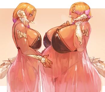 2girls belly big_belly black_bra black_panties blonde_hair bra closed_eyes commission dark-skinned_female dark_skin dragon_girl dragon_horns dragon_tail from_side gradient_hair hair_over_shoulder hands_on_another&#039;s_stomach hands_on_own_chest horn_ornament horn_ribbon horns larribee lingerie multicolored_hair multiple_girls negligee open_mouth original panties pink_ribbon plump pregnant purple_eyes purple_hair ribbon scales see-through_clothes smile standing tail thick_thighs thighs underwear