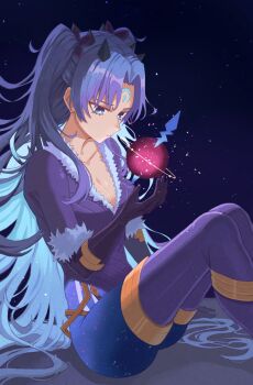 1girl blue_background blue_bodysuit blue_eyes blue_hair bodysuit breasts cleavage closed_mouth commentary_request facial_mark fate/grand_order fate_(series) floating floating_object forehead_mark hand_up highres horns ishtar_(fate) knees_up long_hair looking_down medium_breasts multicolored_bodysuit multicolored_hair object_floating_above_hand oro_(lsg0624) parted_bangs purple_bodysuit sitting solo space_ishtar_(astarte_origin)_(fate) space_ishtar_(fate) two-tone_bodysuit two-tone_hair two_side_up