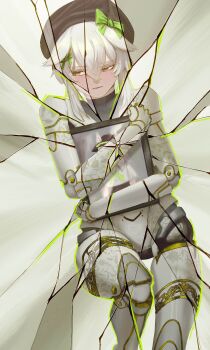 1girl absurdres beret bow broken_mirror commentary crossed_bangs doll_joints dushevnaya_(girls&#039;_frontline_2) dushevnaya_(neural_cloud) english_commentary filigree girls&#039;_frontline girls&#039;_frontline_2:_exilium girls&#039;_frontline_neural_cloud green_bow hair_between_eyes hair_bow hat highres holding holding_picture_frame invertedqueen joints ksvk_(girls&#039;_frontline) mechabare mirror painting_(object) picture_frame robot_girl robot_joints solo white_hair yellow_eyes