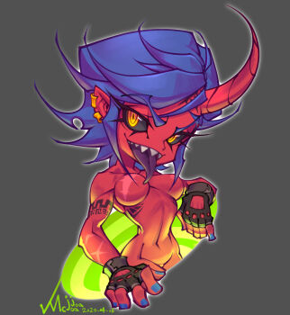 1girl absurdres areola_slip arm_tattoo artist_name asymmetrical_horns black_sclera blue_hair blue_nails bracelet breasts chibi colored_sclera colored_skin completely_nude convenient_censoring demon_girl demon_horns ear_piercing earrings fingerless_gloves gloves highres horns jewelry long_tongue looking_at_viewer mcjoajoa medium_breasts merilyn_(mcjoajoa) monster_girl muscular muscular_female nude one_nipple_out oni orange_eyes original piercing pointy_ears red_skin scar scar_on_arm scar_on_breasts scar_on_chest scar_on_nipple segmented_horns sharp_teeth short_hair signature single_horn slit_pupils tattoo teeth tongue tongue_out tribal_tattoo yellow_eyes