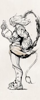 Rule 34 | 1boy, absurdres, arm behind back, banyue (zenless zone zero), chanshin0095, clothed robot, clothes around waist, from side, full body, grey background, greyscale, hand up, hashtag-only commentary, highres, humanoid robot, ink, jacket, jacket around waist, long hair, male focus, mechanical tail, monochrome, robot, robot boy, solo, spot color, tail, yellow jacket, zenless zone zero