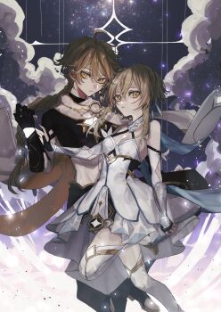 1boy 1girl absurdres aether_(genshin_impact) ahoge bare_shoulders black_gloves blonde_hair braid breasts brother_and_sister cleavage closed_mouth couple detached_sleeves dress feather_hair_ornament feathers feilindoll flower genshin_impact gloves hair_between_eyes hair_flower hair_ornament highres holding holding_hands jewelry long_hair looking_at_viewer lumine_(genshin_impact) medium_breasts midriff multicolored_flower navel romper scarf short_hair short_hair_with_long_locks siblings sidelocks single_braid sky star_(sky) starry_sky thighhighs very_long_hair white_dress white_flower white_gloves white_romper white_scarf yellow_eyes