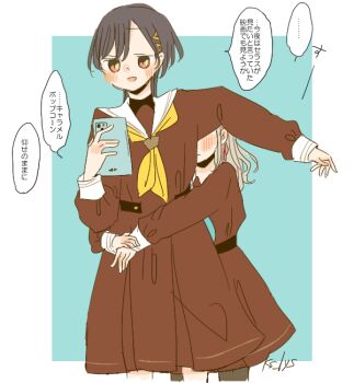 Rule 34 | 2girls, black hair, black pantyhose, blue background, blush, border, brown dress, cellphone, ceras yanagida lilienfeld, closed mouth, commentary request, dress, edel note, expressionless, hair ornament, hasu no sora school uniform, holding, holding phone, hug, hug from behind, jellyfish cut, jitome, kase (ks lys), katsuragi izumi, link! like! love live!, long hair, long sleeves, love live!, medium dress, multiple girls, neckerchief, open mouth, orange eyes, outside border, pantyhose, phone, pleated dress, sailor collar, sailor dress, school uniform, simple background, slit pupils, smartphone, smile, speech bubble, translation request, triangle hair ornament, twitter username, virtual youtuber, white border, white sailor collar, winter uniform, yellow neckerchief