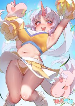 +_+ akuma_(st.takuma) animal_ears armpits blue_hair bouncing_breasts bow bow_panties breasts cameltoe cheerleader chestnut_mouth commentary_request covered_erect_nipples earrings epica_(trickcal) forehead from_below gluteal_fold gold_panties high_ponytail highres horse_ears horse_tail jewelry jumping large_breasts layered_skirt long_hair looking_at_viewer midriff navel official_alternate_costume open_mouth panties parted_bangs pleated_skirt pom_pom_(cheerleading) ponytail red_eyes shoes skirt smile sneakers socks stomach sweat tail teeth thick_eyebrows thigh_gap thighs trickcal underwear unicorn_horn upper_teeth_only very_long_hair white_shoes white_socks yellow_skirt