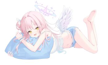 1girl angel_wings barefoot blue_archive blue_shorts blush breasts camisole feathered_wings hair_bun halo highres large_breasts long_hair looking_at_viewer low_wings lying mika_(blue_archive) navel on_stomach open_mouth pillow pink_hair pink_halo rangtori scrunchie short_shorts shorts simple_background single_hair_bun single_side_bun smile solo stomach white_background white_camisole white_wings wings wrist_scrunchie yellow_eyes