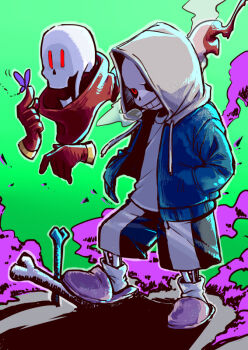 2boys ahin_vpv alternate_universe black_sclera blue_jacket bone colored_sclera dusttale gloves grin hood hoodie jacket male_focus multiple_boys papyrus_(undertale) red_gloves red_scarf sans_(undertale) scarf skeleton smile teeth undertale white_hood