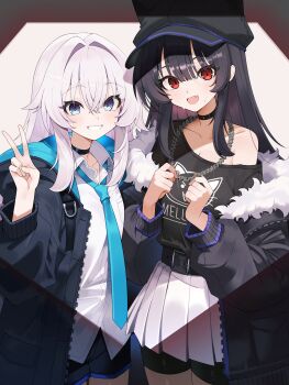 2girls absurdres black_choker black_hair black_hat black_shirt blue_eyes blue_jacket blue_necktie choker commentary_request grey_hair hair_between_eyes hat highres jacket long_hair looking_at_viewer mellow_kaede multiple_girls necktie original red_eyes shirt short_shorts shorts single_bare_shoulder skirt thighs v white_shirt white_skirt