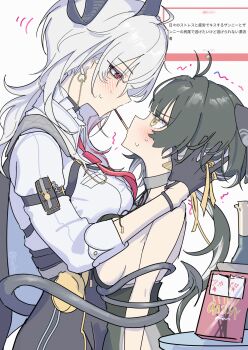 2girls ahoge arm_pouch black_gloves black_hair black_horns black_tail blush breasts commentary_request curled_horns demon_tail earrings eye_contact fan_request female_rover_(wuthering_waves) food from_side gloves grey_hair hair_ribbon highres horns jewelry large_breasts long_hair looking_at_another low_ponytail marshmallow_(site) mole mole_under_eye multiple_girls mutii necktie pocky ponytail red_eyes red_necktie request_inset ribbon rover_(wuthering_waves) shirt shirt_tucked_in tail tail_wrap translation_request triangle_earrings white_shirt wuthering_waves yellow_eyes yellow_ribbon yuri zani_(wuthering_waves)