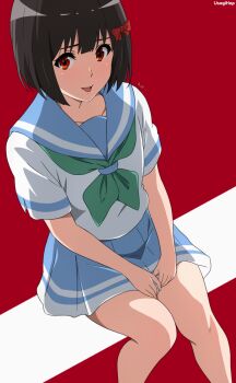 1girl :p anime_coloring artist_name black_hair blue_sailor_collar blue_skirt bow commentary feet_out_of_frame green_neckerchief hair_bow hibike!_euphonium highres hisaishi_kanade kitauji_high_school_uniform looking_at_viewer neckerchief open_mouth pleated_skirt red_background red_bow red_eyes sailor_collar school_uniform serafuku shirt short_hair short_sleeves simple_background sitting skirt solo summer_uniform thighs tongue tongue_out usagihop white_shirt