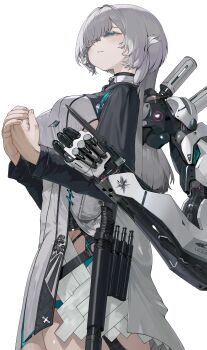 1girl absurdres aqua_eyes black_sleeves breasts closed_mouth commentary cowboy_shot dress extra_arms from_side grey_hair hair_over_one_eye half-closed_eyes highres long_hair long_sleeves looking_afar mechanical_arms medium_breasts original own_hands_together simple_background solo white_background white_dress yunimaru