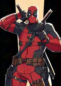1boy belt bodysuit deadpool deadpool_(series) gloves highres katana male_focus marvel mask muscular muscular_male red_bodysuit red_mask solo superebiseeeen superhero_costume sword weapon