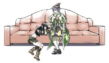 1boy 1girl black_hair black_pants black_scarf black_vest blue_eyes blue_hair brown_shirt brown_shorts brown_skirt brown_socks closed_eyes closed_mouth coat commentary_request couch couple full_body green_coat headpat hetero hunter_(ragnarok_online) long_hair looking_at_another midriff miniskirt minstrel_(ragnarok_online) on_couch open_clothes open_coat pants ragnarok_online scarf shirt short_hair short_shorts shorts shorts_under_skirt simple_background sitting skirt smile socks striped_clothes striped_scarf toriria vest white_background white_scarf white_shirt