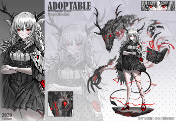 1girl 2020 adoptable allosauc animal_ear_fluff animal_ears animal_skull antlers artist_name belt belt_buckle black_belt black_scarf black_skirt book buckle cape chain reference_sheet close-up closed_mouth commentary cowboy_shot creature_and_personification crossed_arms deer_ears deviantart_username disembodied_penis english_commentary english_text flower full_body fur_cape gradient_background grey_background grimoire high-waist_skirt high_heels highres horns leg_ribbon light_blush light_frown long_hair miniskirt multiple_views original pale_skin penis personification pleated_skirt polka_dot polka_dot_background projected_inset red_eyes red_flower red_footwear red_ribbon red_rose ribbon rose scarf shirt simple_background single_bare_leg skirt smoke triangle_background turning_page wendigo white_cape white_hair white_shirt