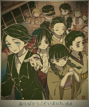 1other 3girls 6+boys agatsuma_zenitsu akaza_(kimetsu_no_yaiba) apron aqua_eyes asymmetrical_bangs bags_under_eyes bit_gag black_dress black_hair black_hat black_jacket blonde_hair blunt_bangs border braid braid_girl_(enmu's_recruits) brown_eyes brown_kimono buttons character_request closed_eyes closed_mouth colored_tips commentary_request curtained_hair demon_boy demon_girl demon_slayer_uniform dress enmu_(kimetsu_no_yaiba) everyone expressionless facial_mark facial_tattoo finger_tattoo frilled_apron frills from_above gag grey_pants grin hair_bun hand_mouth hand_on_window hashibira_inosuke hat highres holding_ice_pick incoming_attack jacket japanese_clothes kamado_nezuko kamado_tanjirou kanji_tattoo karikari_(pixiv42147188) kimetsu_no_yaiba kimono light_particles long_sleeves looking_ahead looking_at_viewer low_twin_braids maid male_focus medium_hair multicolored_hair multiple_boys multiple_girls open_mouth outstretched_arm own_hands_together pants parted_bangs pink_eyes pinstripe_pants pinstripe_pattern purple_sash reaching reaching_towards_viewer rengoku_kyoujurou sash short_hair signature sitting sleeping smile standing suit_jacket symbol-shaped_pupils tattoo tears_facial_mark teeth thank_you thick_eyebrows train_interior translated trap tuberculosis_boy_(enmu's_recruits) twin_braids two-tone_hair undershirt very_short_hair vignetting white_apron white_border window yellow_kimono_boy_(enmu's_recruits)